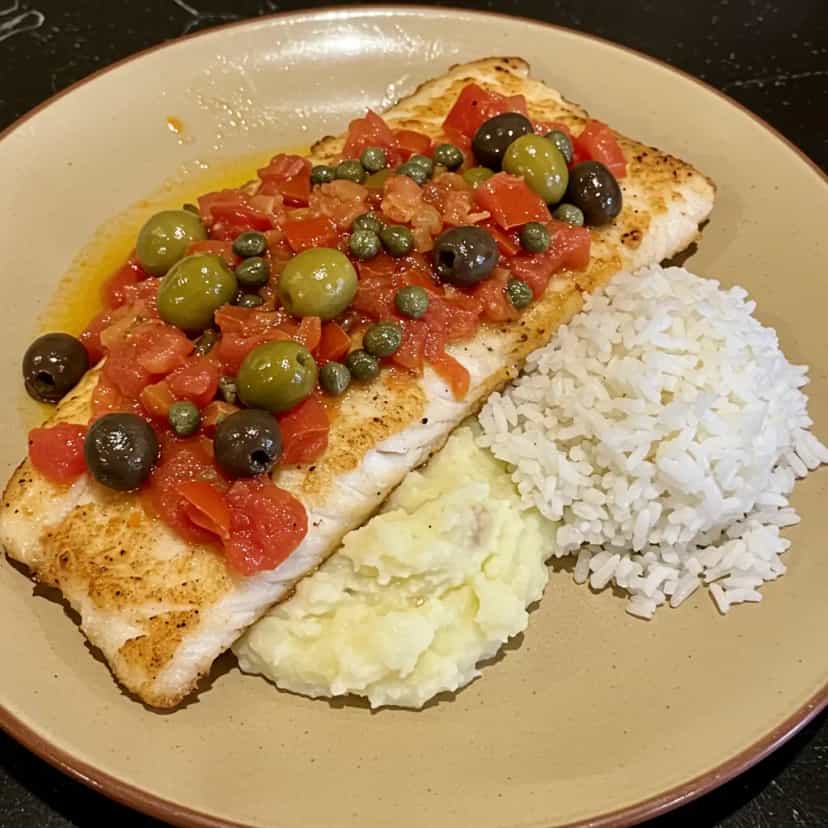 Foto deliciosa de Congrio Rosa ao Molho Mediterrâneo pronta para servir - Peixes & Frutos do Mar