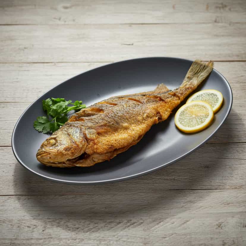 Foto deliciosa de Corvina assada com batatas ao alecrim pronta para servir - Peixes & Frutos do Mar