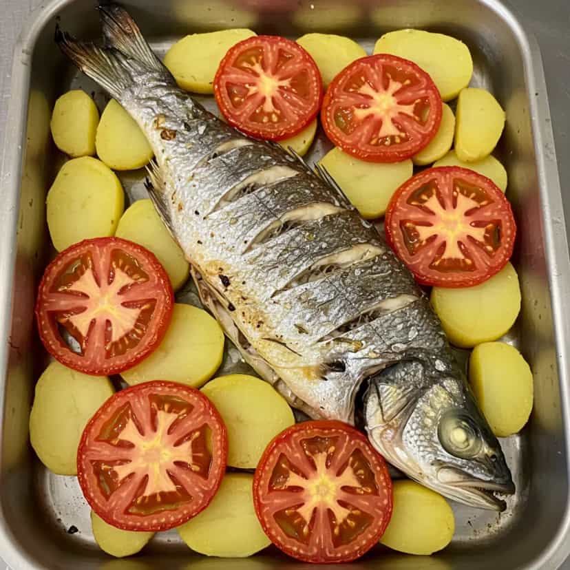 Foto deliciosa de Corvina Recheada Assada pronta para servir - Peixes & Frutos do Mar