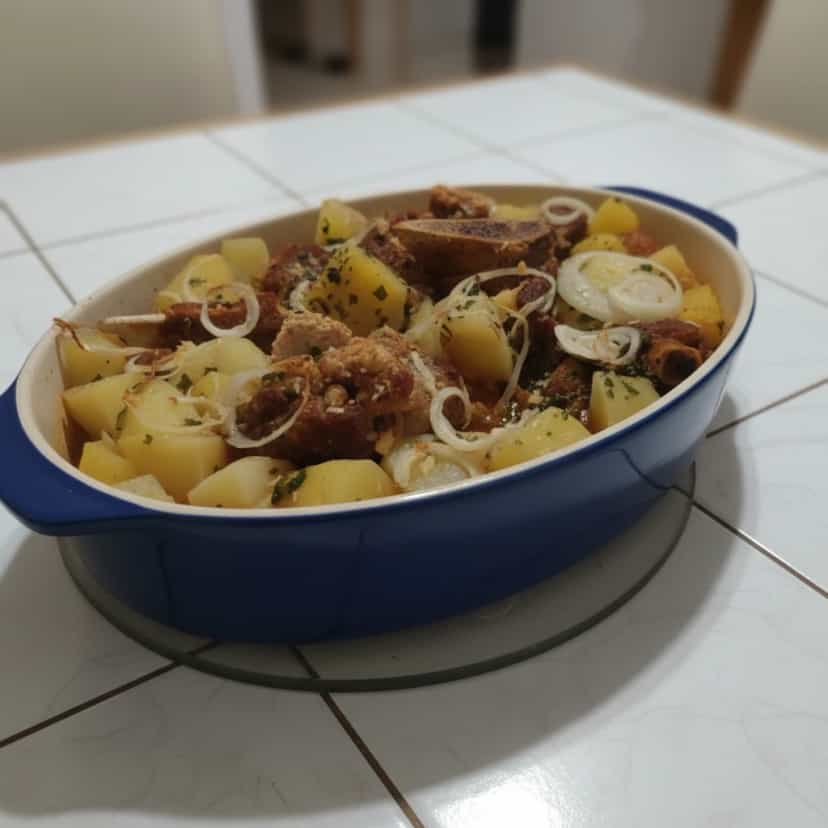 Foto deliciosa de Costela com Batata ao Molho de Cebola pronta para servir - Carnes & Frango
