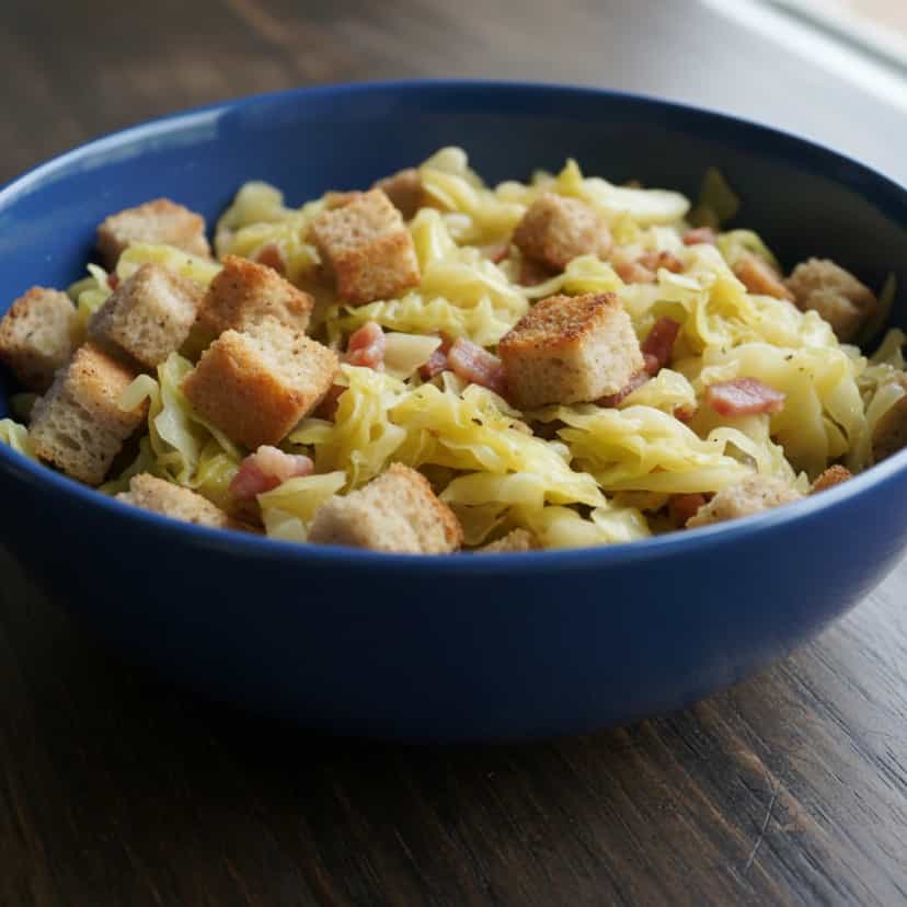 Foto deliciosa de Couve Salteada com Bacon e Croutons pronta para servir - Outras Receitas