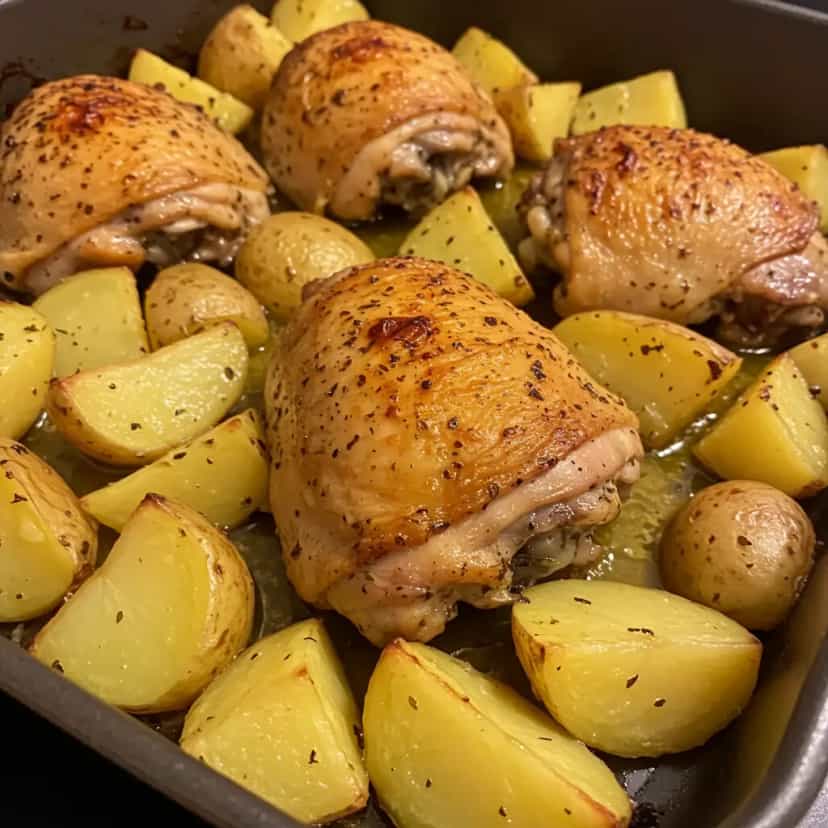 Foto deliciosa de Coxas de Galinha Assadas com Batatas pronta para servir - Carnes & Frango