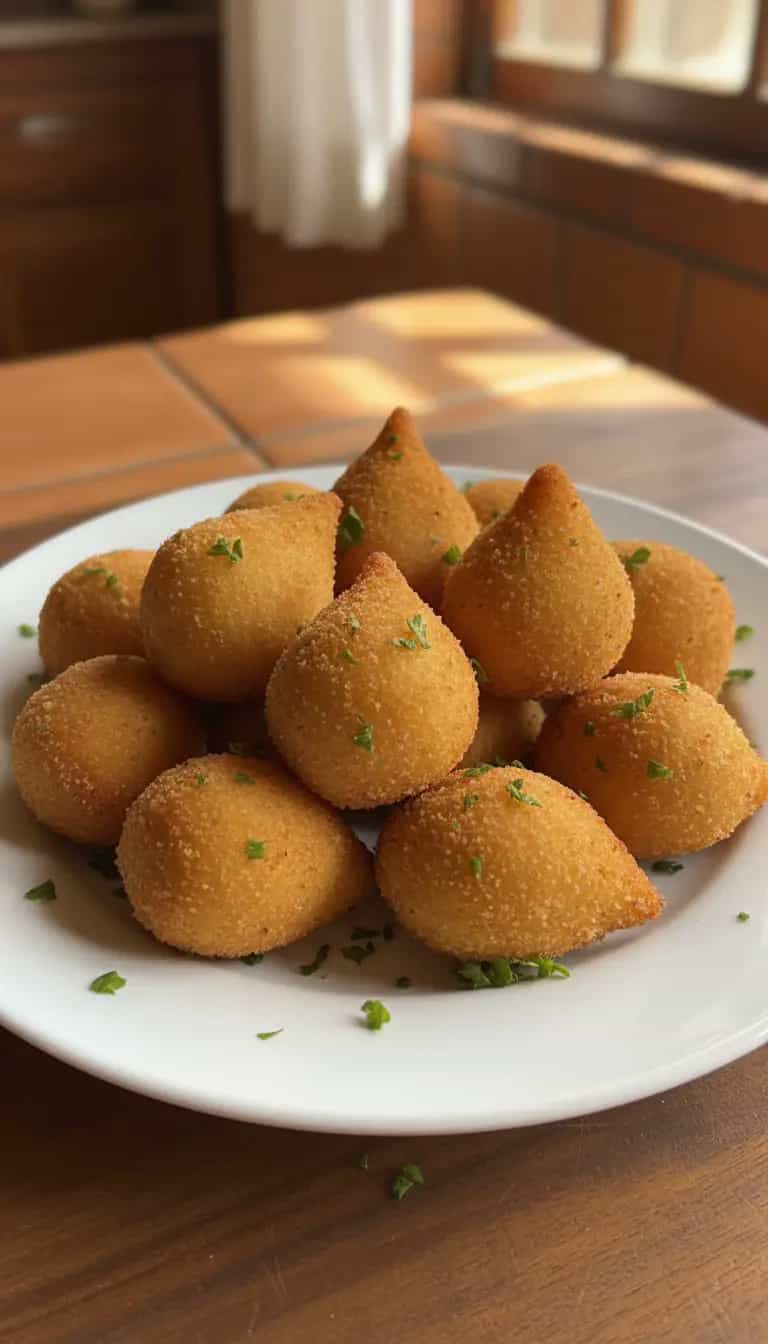 Foto deliciosa de Coxinha com massa de farinha e batata pronta para servir - Salgadinhos