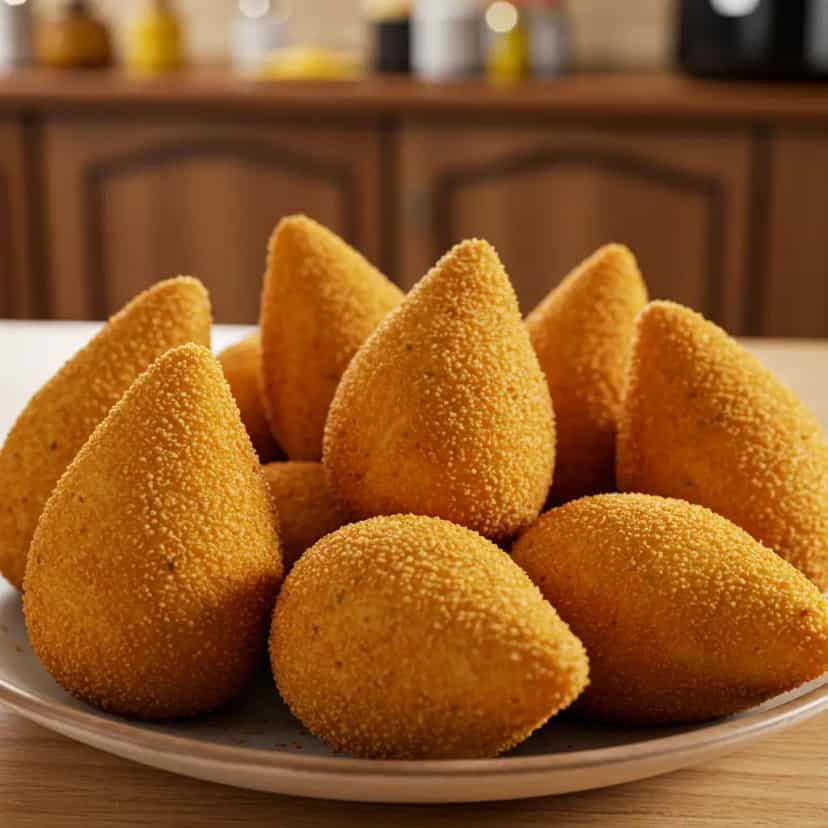 Foto deliciosa de Coxinha de Frango na Airfryer pronta para servir - Na Airfryer