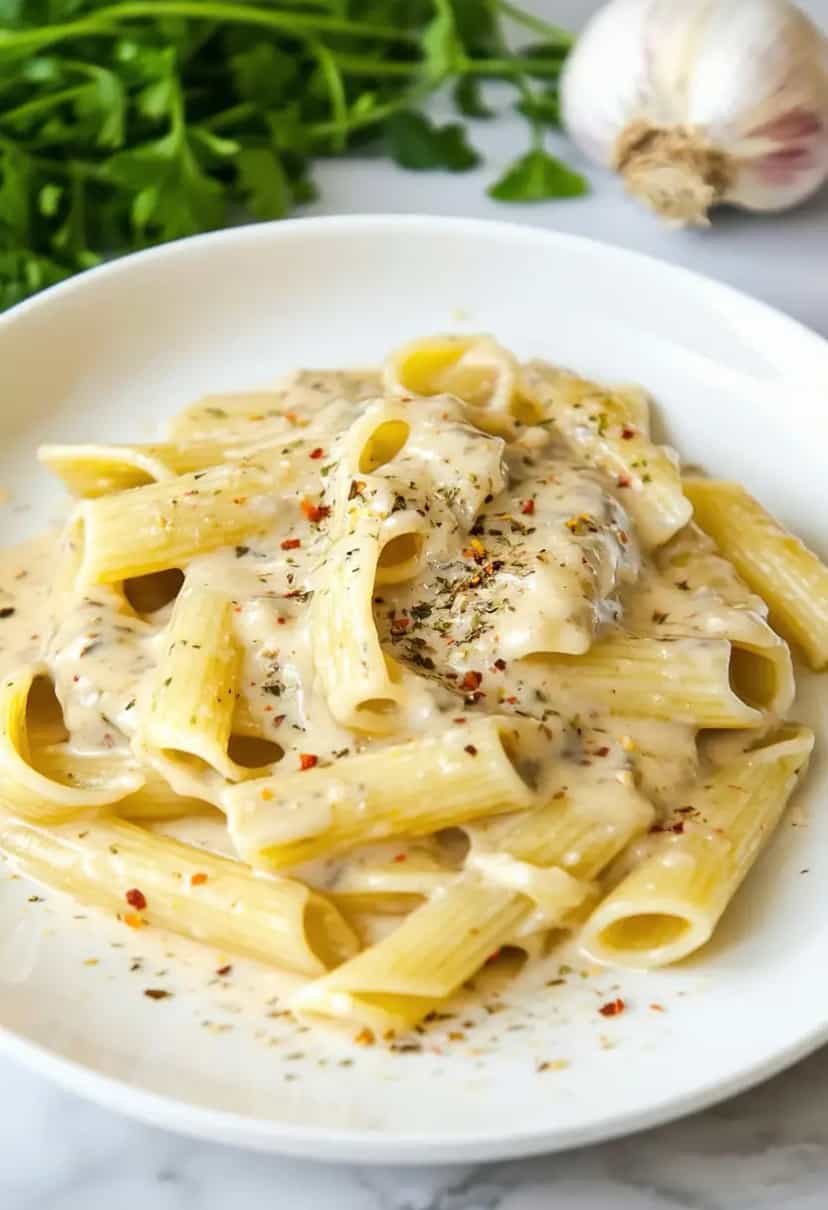 Foto deliciosa de Massa Alfredo Vegana Cremosa pronta para servir - Veganas