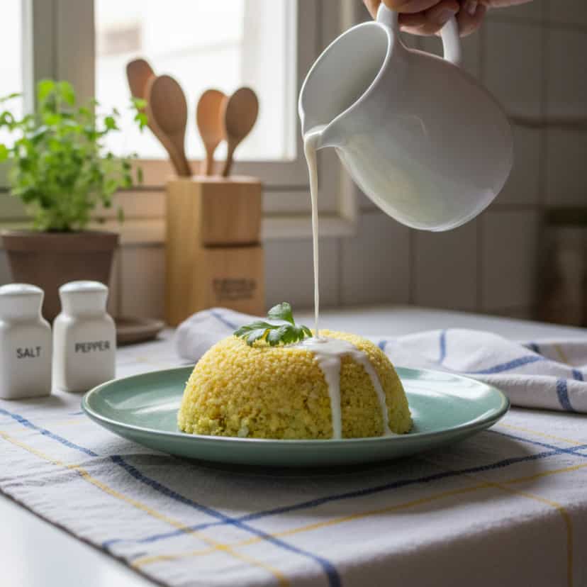 Foto deliciosa de Cuscuz Cremoso com Leite de Coco pronta para servir - Tapioca & Cuscuz