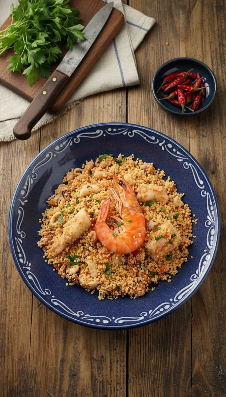 Foto deliciosa de Cuscuz de Cação ao Limão pronta para servir - Peixes & Frutos do Mar