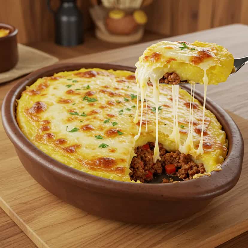 Foto deliciosa de Escondidinho de aipim com carne moída pronta para servir - Pratos Brasileiros Icônicos