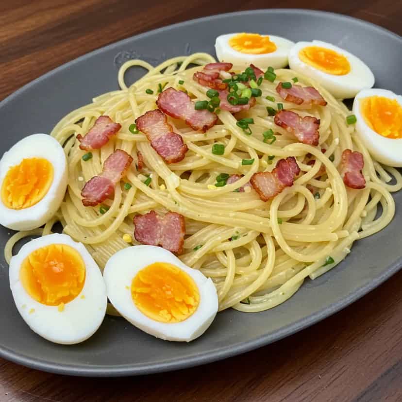 Foto deliciosa de Espaguete com Bacon Crocante e Alho pronta para servir - Outras Receitas