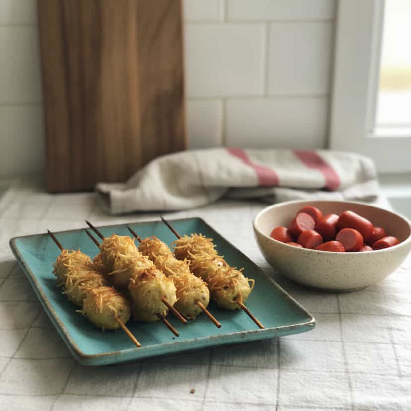 Foto deliciosa de Espetinhos de Salsicha com Batata pronta para servir - Salgadinhos