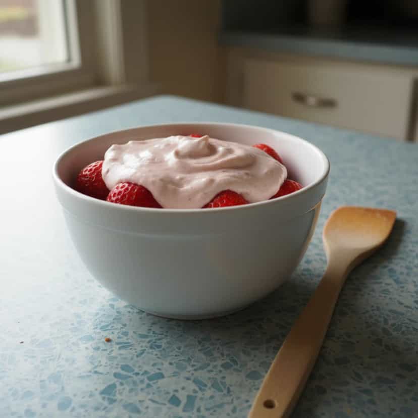 Foto deliciosa de Espuma de Iogurte com Morangos Frescos pronta para servir - Pudins & Cremes
