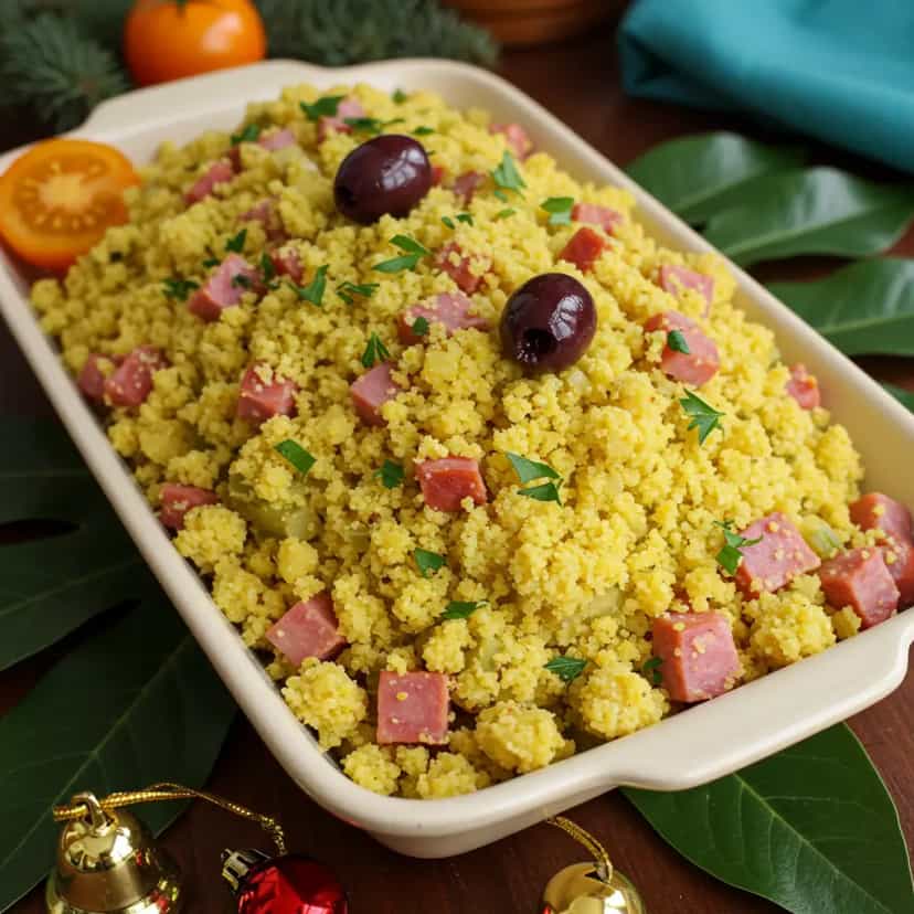 Foto deliciosa de Farofa de Natal com Miúdos de Peru pronta para servir - Pratos Brasileiros Icônicos