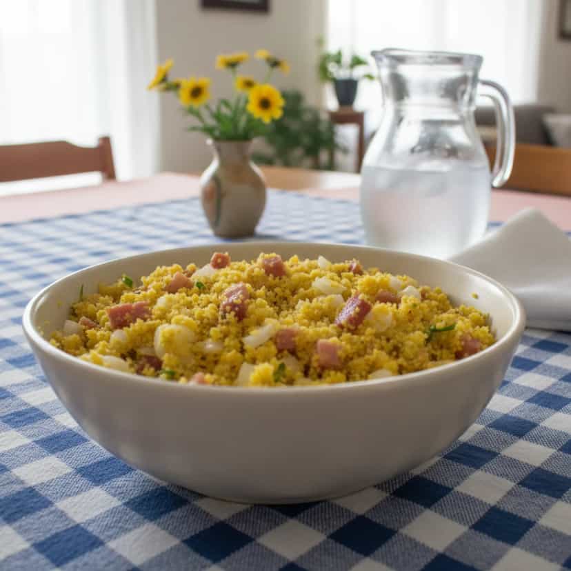 Foto deliciosa de Farofa Natalina com Bacon e Azeitonas pronta para servir - Pratos Brasileiros Icônicos