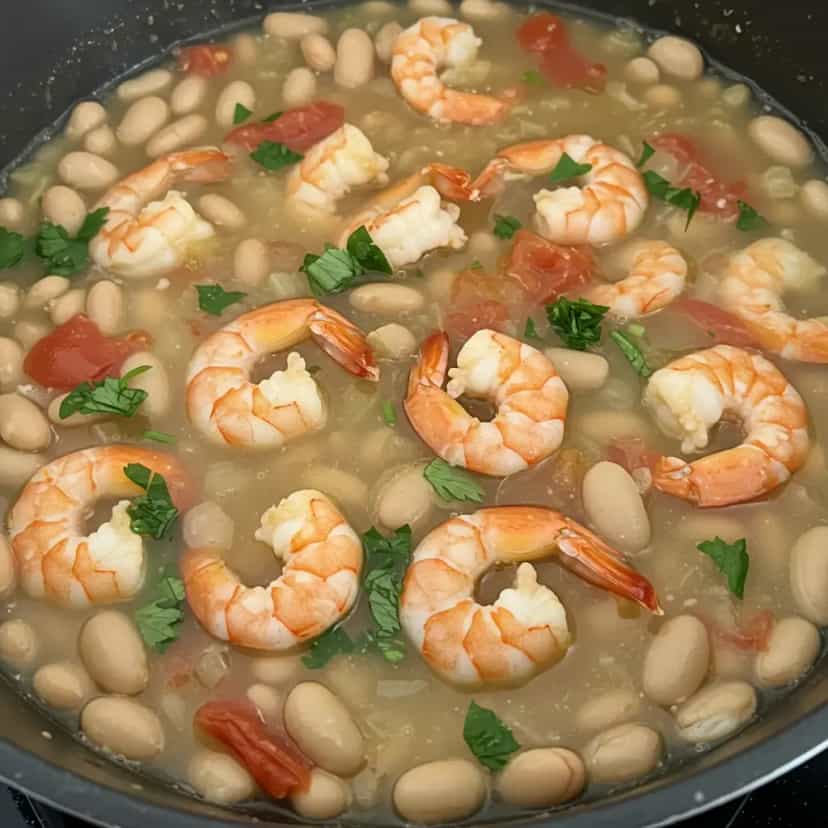 Foto deliciosa de Feijão Branco com Camarão pronta para servir - Peixes & Frutos do Mar