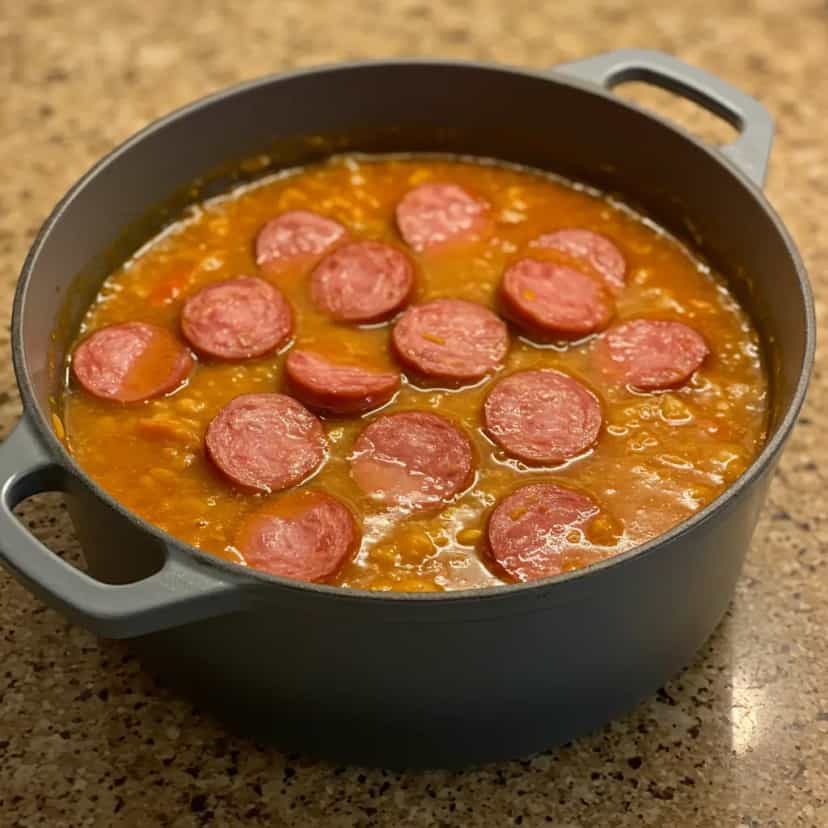 Foto deliciosa de Feijão com Bacon e Calabresa Caseiro pronta para servir - Pratos Brasileiros Icônicos
