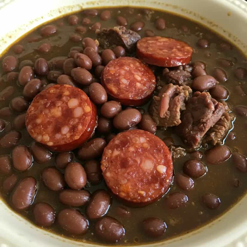 Foto deliciosa de Feijão Preto com Calabresa e Charque pronta para servir - Pratos Brasileiros Icônicos