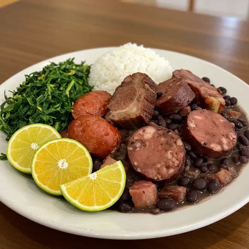 Foto deliciosa de Feijoada Completa com Couve e Laranja pronta para servir - Pratos Brasileiros Icônicos