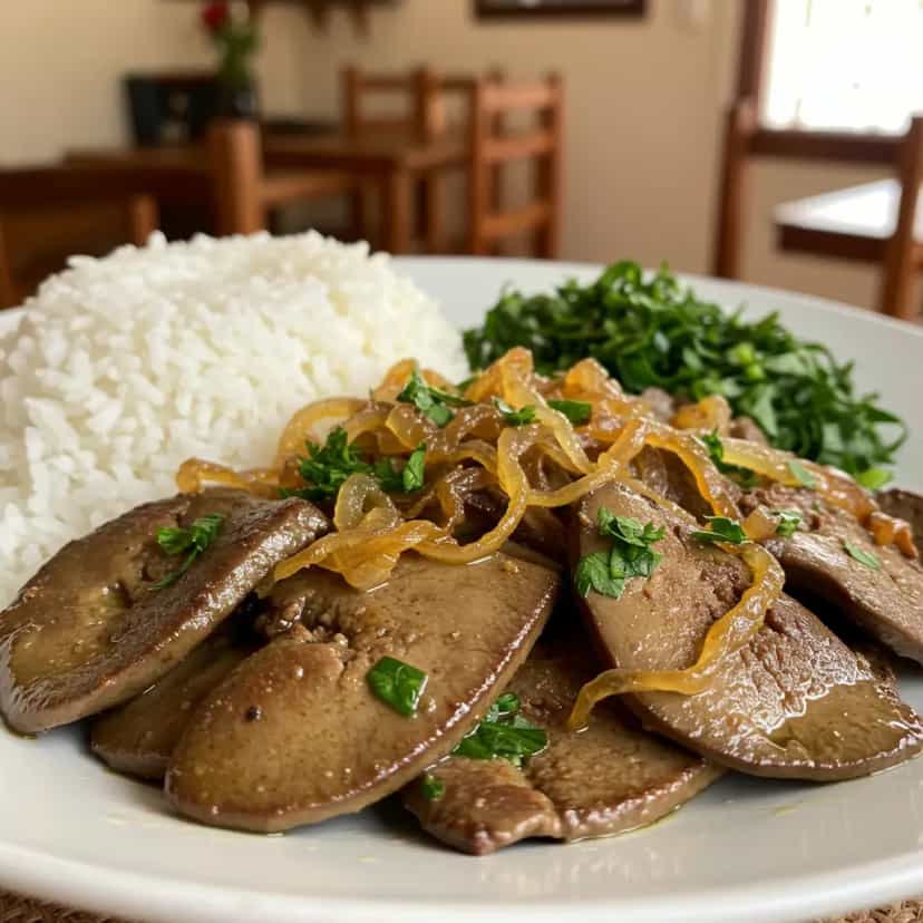 Foto deliciosa de Fígado frito, acebolado pronta para servir - Carnes & Frango