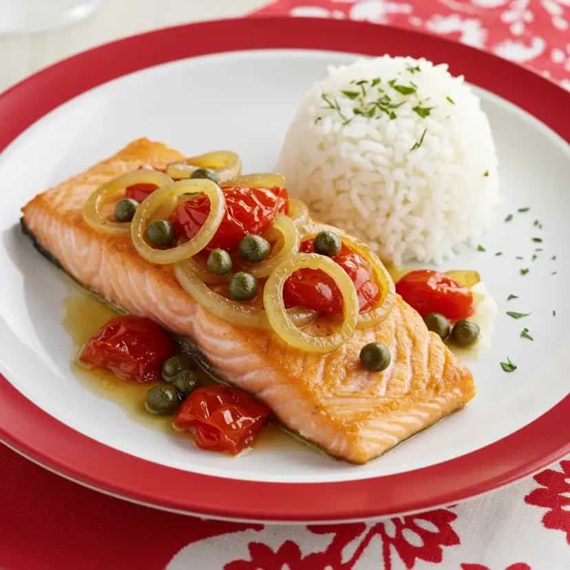 Foto deliciosa de Filé de Salmão ao Limão e Alcaparras pronta para servir - Peixes & Frutos do Mar