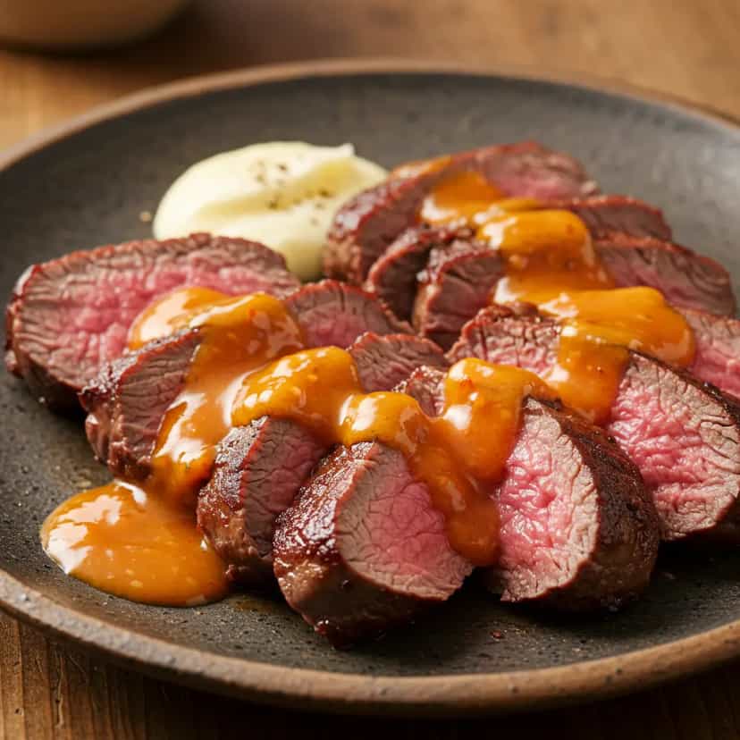 Foto deliciosa de Filé Mignon ao Molho de Maracujá pronta para servir - Carnes & Frango