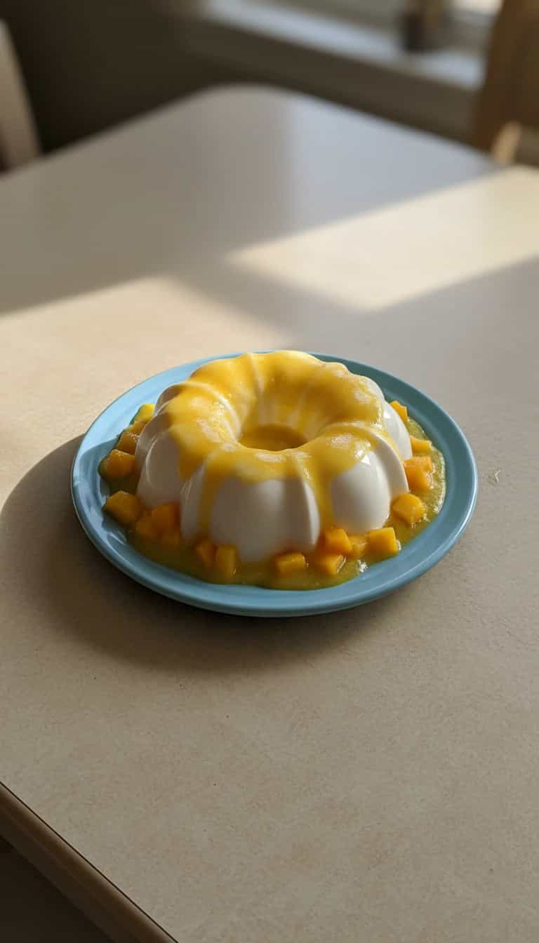 Foto deliciosa de Flan de Leite Condensado com Pêssegos pronta para servir - Pudins & Cremes