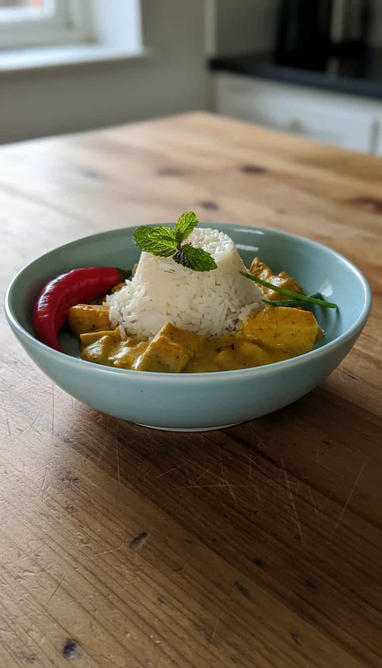 Foto deliciosa de Frango ao Curry com Arroz de Coco pronta para servir - Carnes & Frango