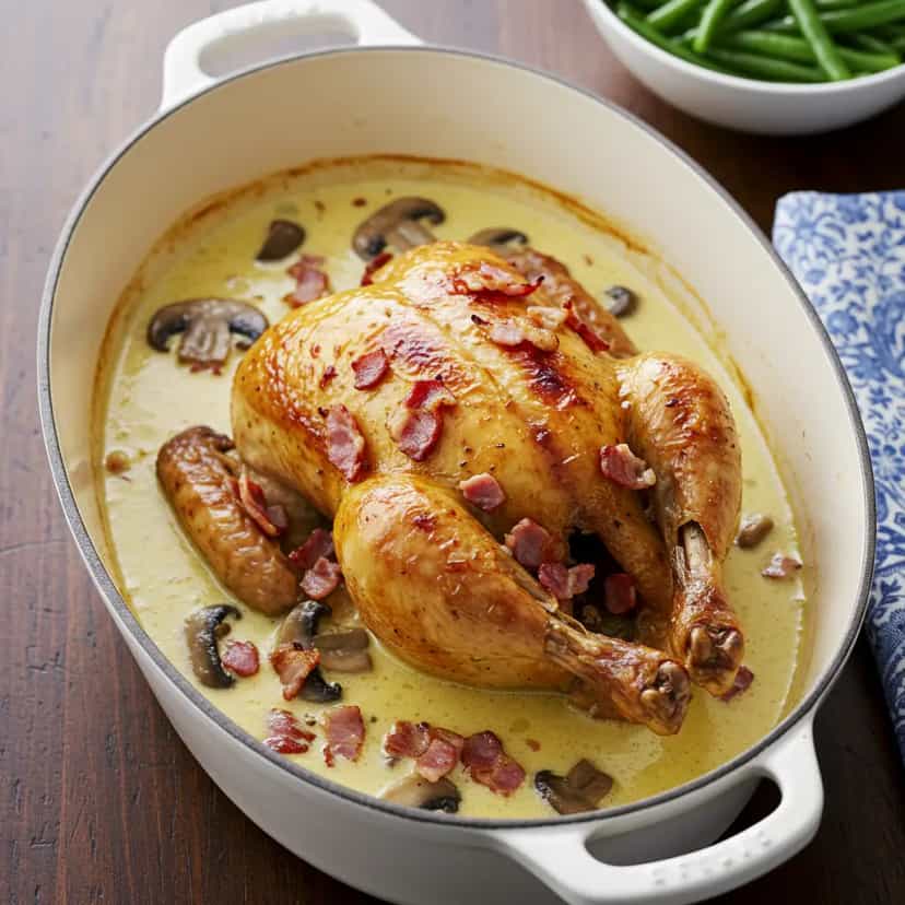 Foto deliciosa de Frango assado com Cogumelos e Bacon pronta para servir - Carnes & Frango