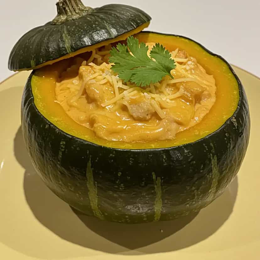 Foto deliciosa de Frango com Milho na Moranga pronta para servir - Carnes & Frango