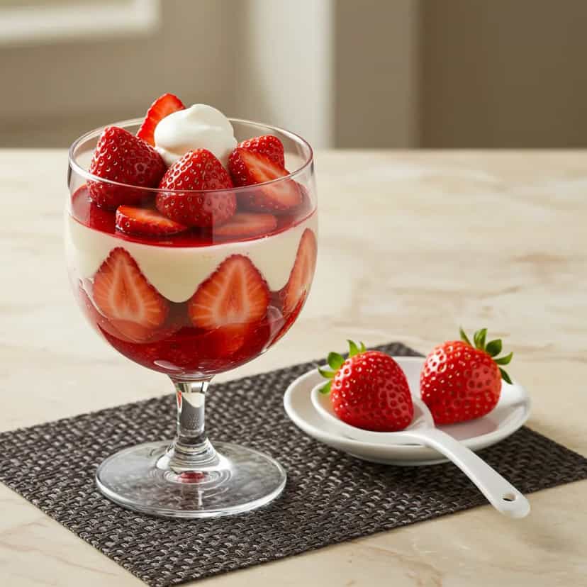 Foto deliciosa de Gelatina Cremosa de Morango pronta para servir - Pudins & Cremes
