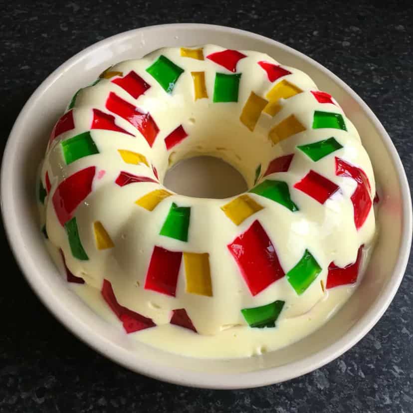 Foto deliciosa de Gelatina Mosaico Tricolor pronta para servir - Doces Gelados & Sorvetes