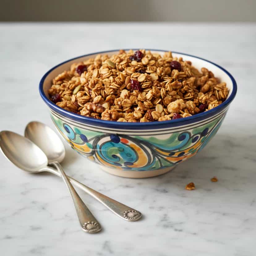 Foto deliciosa de Granola com Cranberry e Castanhas pronta para servir - Snacks Assados