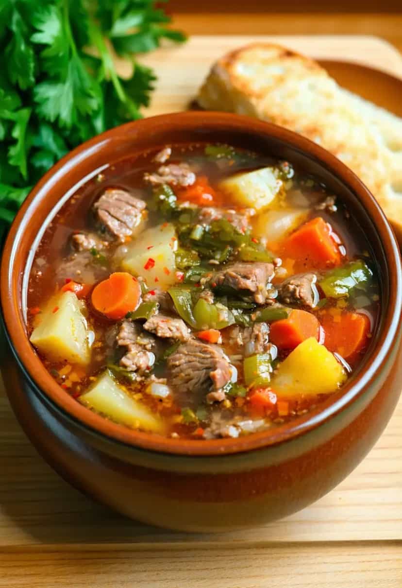 Foto deliciosa de Sopa Confortante de Carne e Legumes pronta para servir - Sopas & Caldos