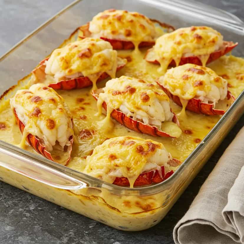 Foto deliciosa de Lagosta Gratinada ao Creme de Gruyère pronta para servir - Peixes & Frutos do Mar