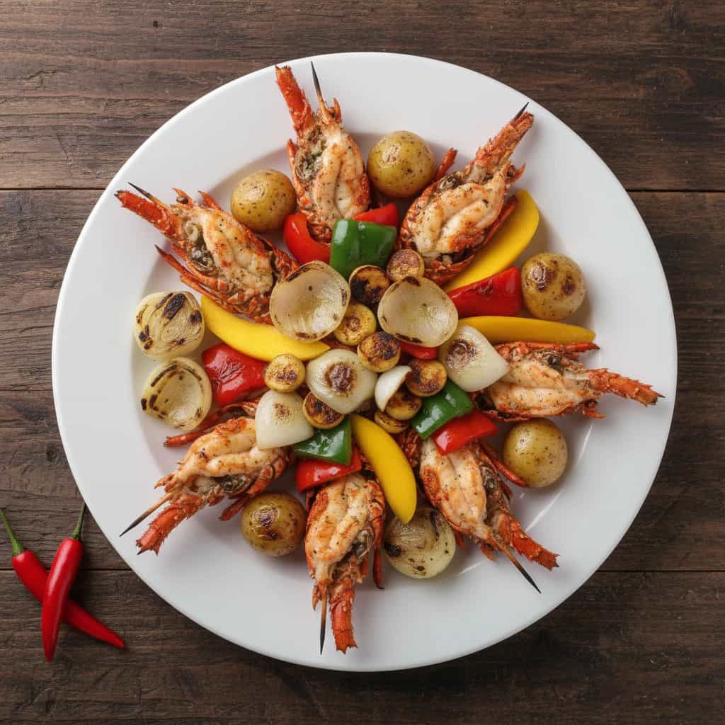 Lagosta grelhada com legumes na chapa