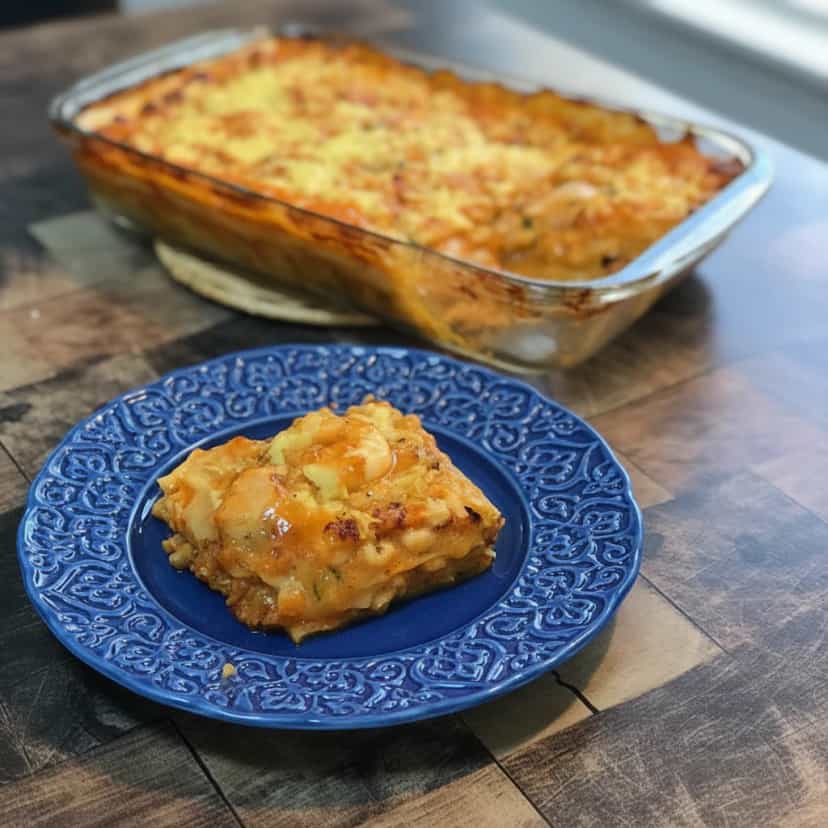Foto deliciosa de Lasanha Low Carb de Camarão pronta para servir - Peixes & Frutos do Mar