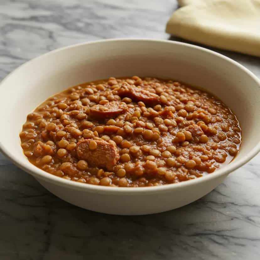 Foto deliciosa de Lentilha com Calabresa e Bacon pronta para servir - Pratos Brasileiros Icônicos
