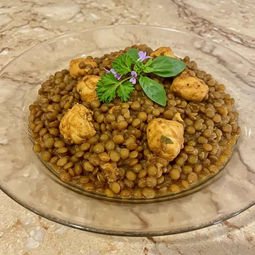 Foto deliciosa de Lentilha com Frango e Legumes pronta para servir - Carnes & Frango
