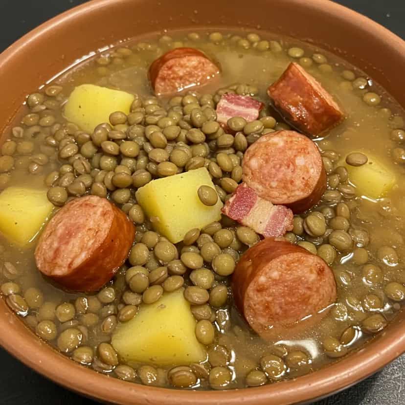 Foto deliciosa de Lentilha Saborosa com Bacon e Linguiça pronta para servir - Almoço & Jantar