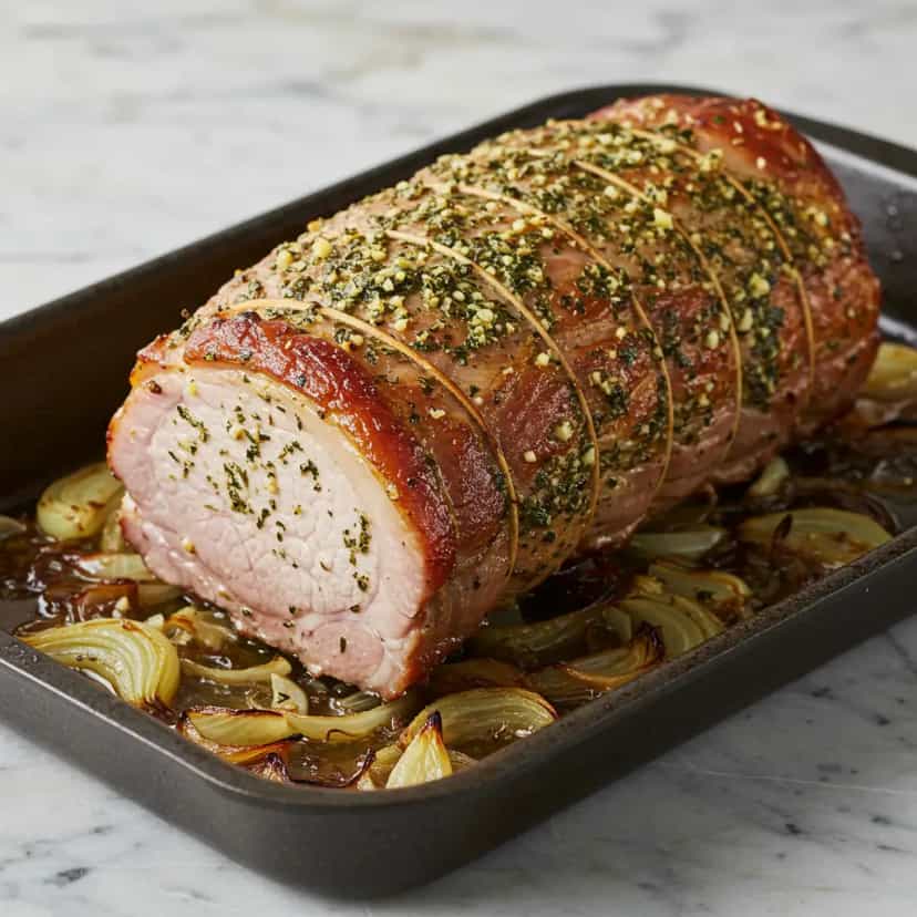 Foto deliciosa de Lombo de Porco Assado ao Vinho Branco pronta para servir - Carnes & Frango