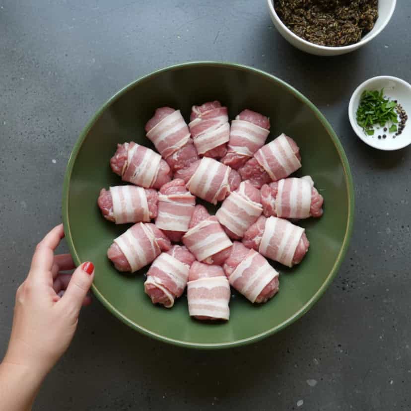 Foto deliciosa de Lombo Trançado com Damasco e Bacon pronta para servir - Carnes & Frango