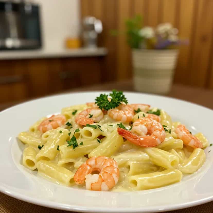 Foto deliciosa de Macarrão ao molho branco com camarão pronta para servir - Massas & Macarrão