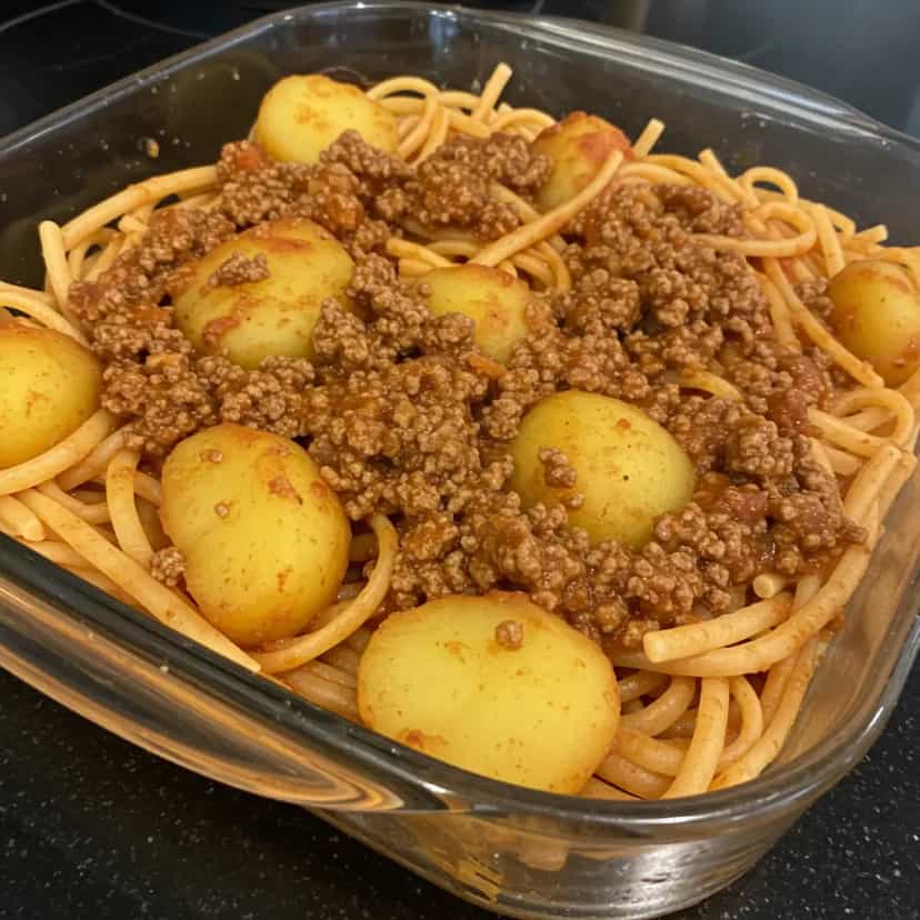 Foto deliciosa de Macarrão com Carne e Batata pronta para servir - Massas & Macarrão