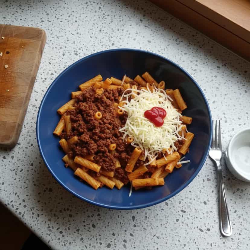 Foto deliciosa de Macarrão com Hambúrguer e Queijo pronta para servir - Outras Receitas