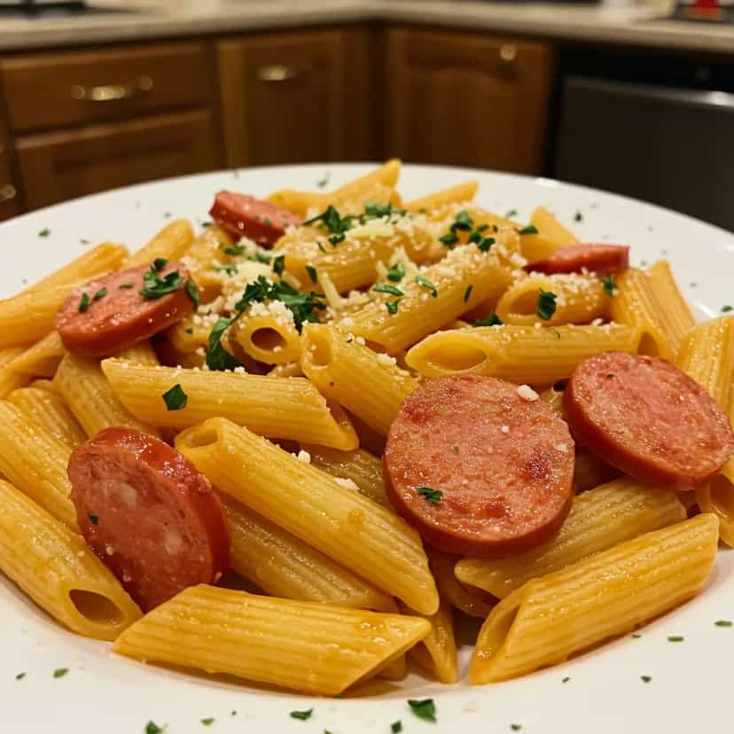Foto deliciosa de Macarrão com molho de salsicha pronta para servir - Outras Receitas