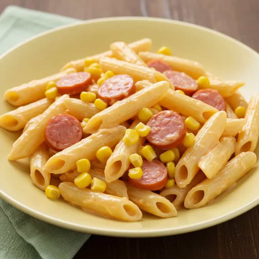 Foto deliciosa de Macarrão Cremoso com Salsicha e Milho pronta para servir - Outras Receitas