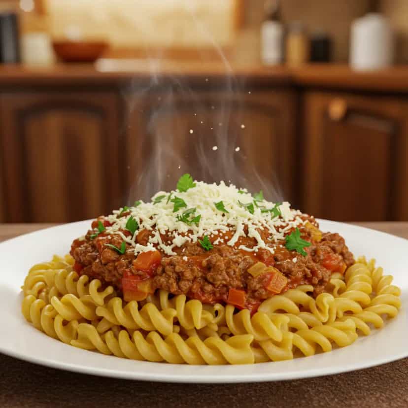 Foto deliciosa de Macarronada de carne moída pronta para servir - Massas & Macarrão