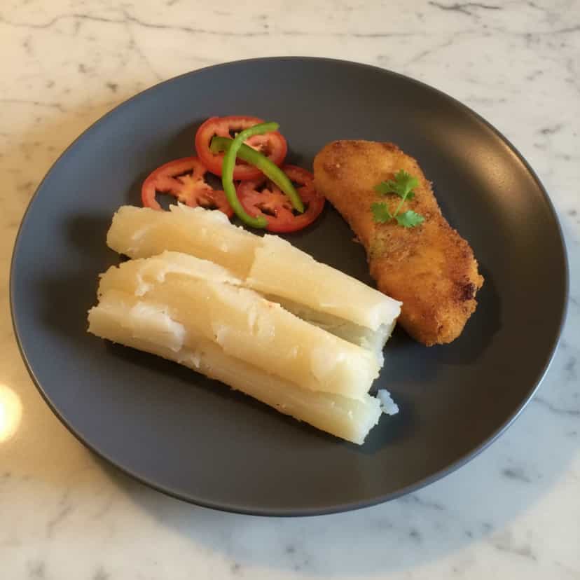 Foto deliciosa de Macaxeira Cremosa com Frango Empanado pronta para servir - Carnes & Frango