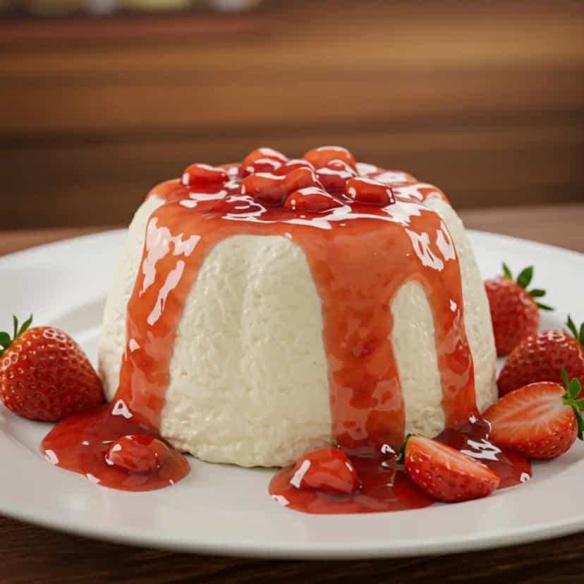 Foto deliciosa de Manjar com calda de morango pronta para servir - Pudins & Cremes