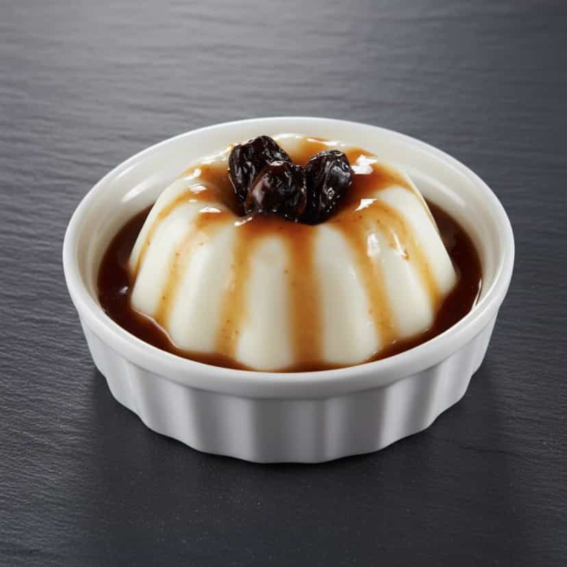 Foto deliciosa de Manjar Light com Calda de Ameixa Preta pronta para servir - Pudins & Cremes