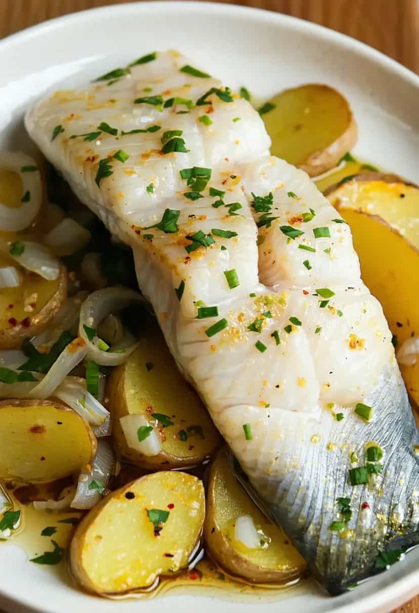 Foto deliciosa de Meca no forno com batatas pronta para servir - Peixes & Frutos do Mar